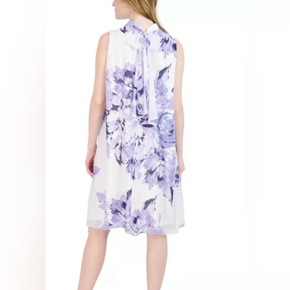NEW Robbie Bee Floral Dress Women White Purple Printed Mock Neck Trapeze Dress - Picture 3 of 7